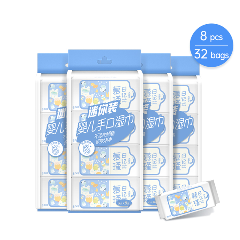 64 Count (Pack of 8) Travel Size Super Mini Unscented Baby Wipes