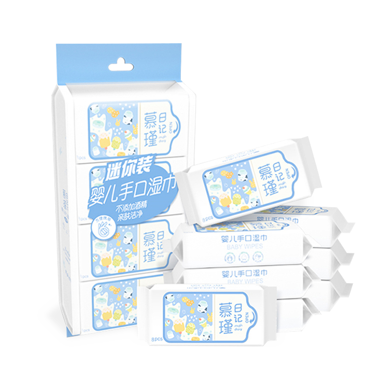 64 Count (Pack of 8) Travel Size Super Mini Unscented Baby Wipes